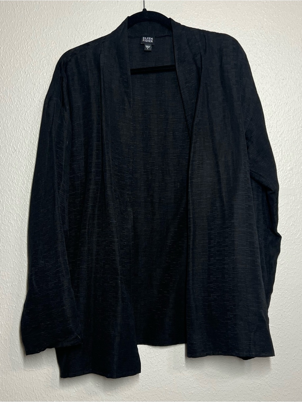 EILEEN FISHER Cardigan Open Black Silk Linen Womens Size L Minimalist Capsule